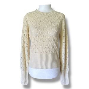 Cream Lace Pattern Knit Crew Neck Sweater